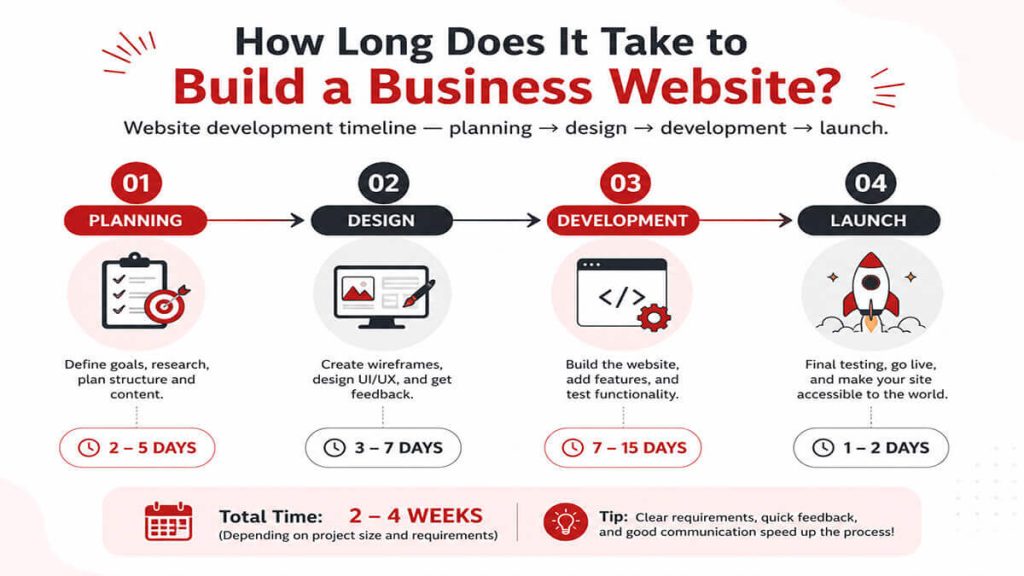 Business website development timeline from planning to launch