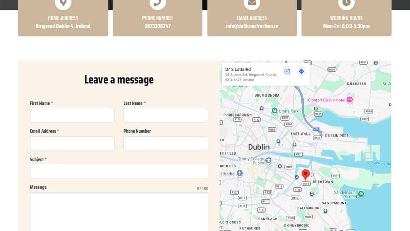 Duff Construction contact and quote request page in Dublin