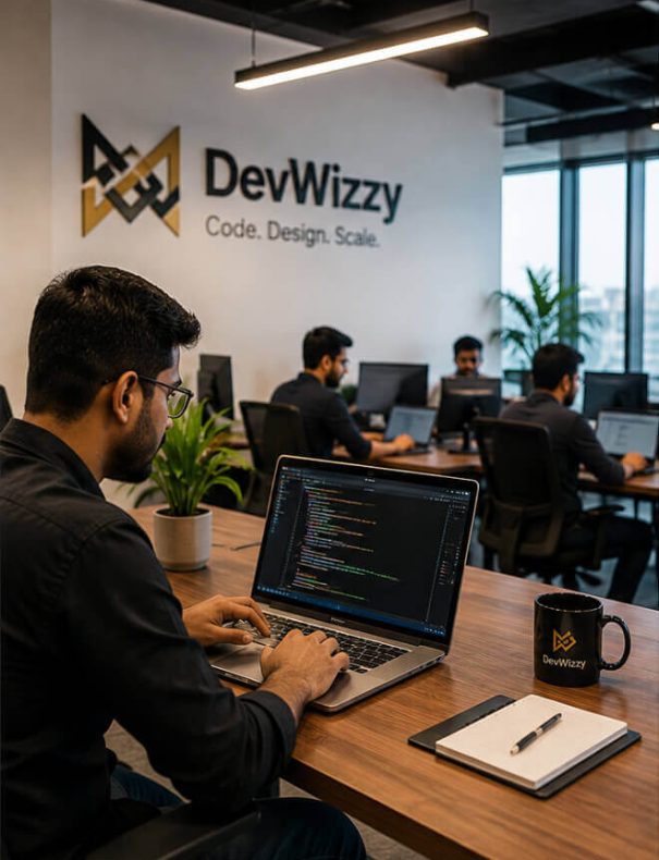 DevWizzy web development team working on websites in a modern office